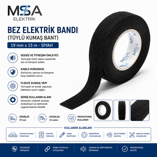 Tüylü Bez Elektrik Bandı siyah kumaş yüzeyli kablo demetleme bandı
