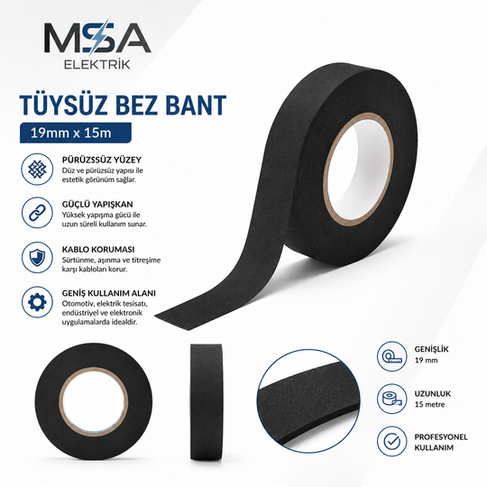 Tüysüz Bez Elektrik Bandı pürüzsüz yüzeyli siyah kablo demetleme bandı